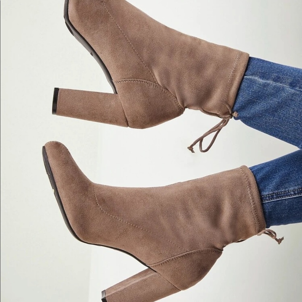Faux suede self- tie block heel booties